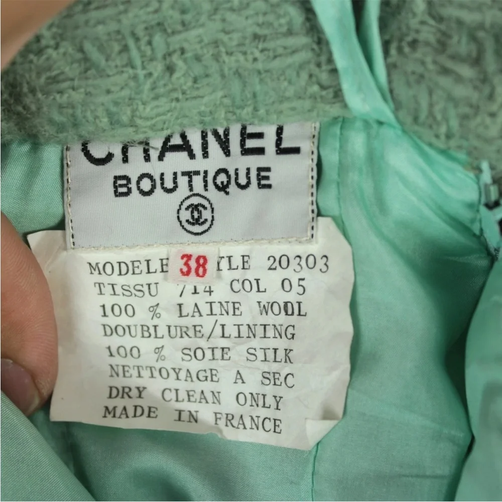 Chanel Boutique Skirt Suit Set Tweed Size 38 Jade Green 100% Wool Pocket